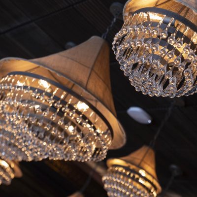 Close-up of chandelier lighting at Valentina's restaurant at Bridge Park in Dublin, Ohio.