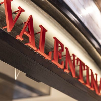 Lighted Valentina's sign at Valentina's restaurant in Dublin, Ohio at Bridge Park.